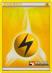 A Pokémon Lightning Energy (2011 Play Pokémon Promo) [League & Championship Cards] trading card with a yellow border and background. At the center, a yellow circle with a black lightning bolt is prominently displayed. The top edge reads "ENERGY" in an angled font, while the bottom right corner features the "PLAY! Pokémon" logo with a red Poké Ball, often seen in Promo cards for League & Championship events.