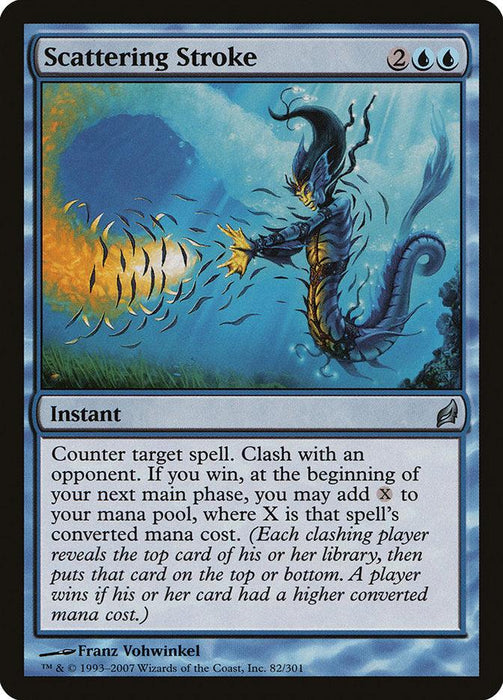 A Magic: The Gathering card named "Scattering Stroke [Lorwyn]," showcasing a wizard casting a spell with blue energy waves dispersing across a dark background. This instant card has a blue frame, indicating its alignment with blue mana, and costs 2 blue and 2 colorless mana. It counters target spell and lets you clash with an opponent, potentially adding to your mana pool.