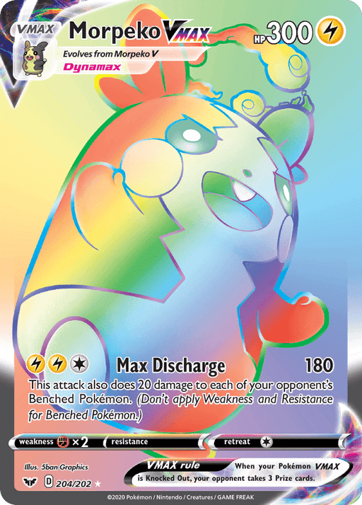 Card image of Morpeko VMAX (204/202) [Sword & Shield: Base Set] from the Pokémon Trading Card Game's Sword & Shield series. This Secret Rare features a rainbow-colored, Lightning Type Dynamax form of Morpeko with an HP of 300. Its move "Max Discharge" does 180 damage and also deals 20 damage to each of the opponent's Benched Pokémon. The card number is 204/202.