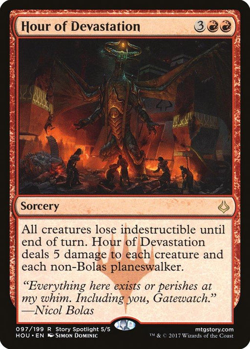 The image shows a Magic: The Gathering card named "Hour of Devastation [Hour of Devastation]." It's a rare red sorcery spell that costs 3 generic and 2 red mana. The card's effect is explained in the text box. The illustration features a dragon-like figure amidst a scene of destruction. The card's flavor text references Nicol Bolas.