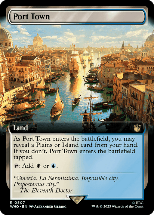 The image features a Magic: The Gathering card named "Port Town (Extended Art) [Doctor Who]," which depicts a picturesque seaside town at sunset, with canal boats navigating between historic buildings. The card text explains its in-game mechanics, noting it can tap for Plains or Island mana. A quote at the bottom references "The Eleventh Doctor.