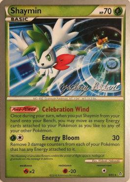 A rare Shaymin (8/95) (CMT - Zachary Bokhari) [World Championships 2012] Pokémon card is shown featuring Shaymin in its Sky Forme. The Grass Type card has 70 HP and displays text for its two abilities, 