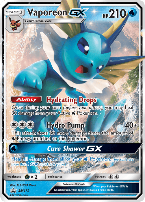 A Vaporeon GX (SM172) [Sun & Moon: Black Star Promos] Pokémon card from the 2019 Sun & Moon series, boasting 210 HP and dynamic water-themed artwork. This shining holographic card features Hydrating Drops, Hydro Pump, and Cure Shower GX abilities. Part of the Black Star Promos, it showcases Vaporeon against a vivid blue background.