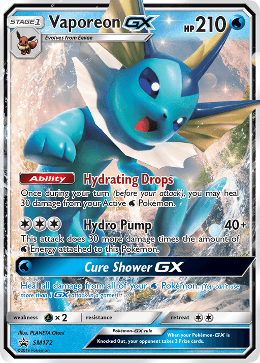 A Vaporeon GX (SM172) [Sun & Moon: Black Star Promos] Pokémon card from the 2019 Sun & Moon series, boasting 210 HP and dynamic water-themed artwork. This shining holographic card features Hydrating Drops, Hydro Pump, and Cure Shower GX abilities. Part of the Black Star Promos, it showcases Vaporeon against a vivid blue background.