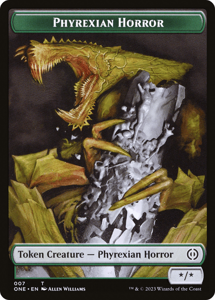 A card from Magic: The Gathering, part of the *Phyrexia: All Will Be One Tokens* set, featuring a "Phyrexian Horror." The artwork depicts a monstrous creature with a gaping, tooth-filled maw, yellowish skin, and an armored body. The dark background accentuates its menacing presence. Text on the card identifies it as a "Token Creature - Phyrexian Horror Token (007) [Phyrexia: All Will Be One Tokens].