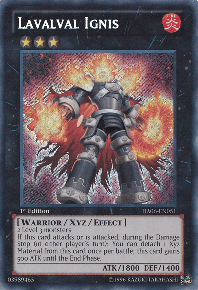 A Yu-Gi-Oh! trading card titled "Lavalval Ignis [HA06-EN051] Secret Rare" from the Hidden Arsenal 6 set. It depicts a mechanical warrior with glowing red elements, standing amidst flames. The Secret Rare card is categorized as a 1st Edition with an attack value of 1800 and defense of 1400. Text details its special effects and abilities in battle.

