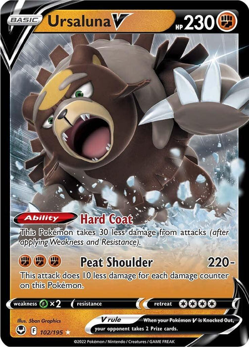 A Pokémon trading card from the **Sword & Shield: Silver Tempest** set features **Ursaluna V (102/195)** with 230 HP. It shows an enraged, brown bear-like creature with sharp claws and a fierce expression. This Ultra Rare card includes the ability "Hard Coat," move "Peat Shoulder" (220 damage), and weaknesses to Grass. It is card number 102/195.