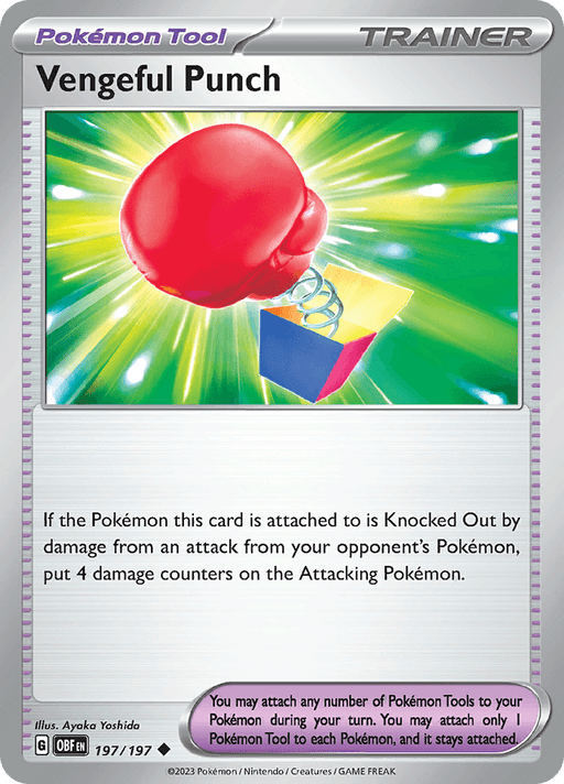A Pokémon card titled "Vengeful Punch (197/197) [Scarlet & Violet: Obsidian Flames]" from the Trainer category in the Pokémon Tool series within Scarlet & Violet. It depicts a red boxing glove punching a yellow and blue gift box. The card text details an effect that places 4 damage counters on an opponent's Pokémon if the attached Pokémon is knocked out.