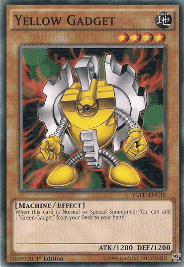 A Yu-Gi-Oh! trading card from Yugi's Legendary Decks featuring "Yellow Gadget" [YGLD-ENC18], a common machine/effect monster with yellow armor and gears. It has an attack of 1200 and defense of 1200, and its effect allows you to add "Green Gadget" from your deck to your hand when this card is Normal or Special Summoned.