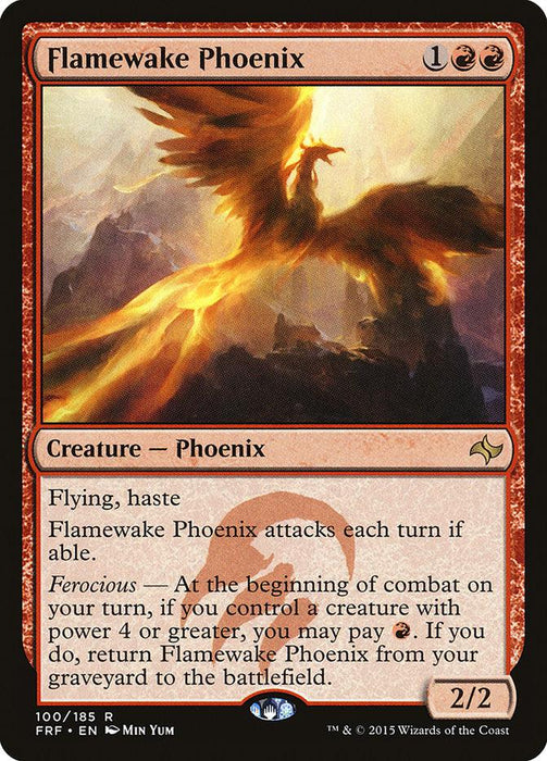 Flamewake Phoenix [Fate Reforged], a dazzling card from the Magic: The Gathering set, features a fiery phoenix with outstretched wings and a blazing trail of flames. This 2/2 Creature — Phoenix costs 1 red and 2 colorless mana, boasts flying and haste abilities, and is masterfully illustrated by Min Yum in 2015.
