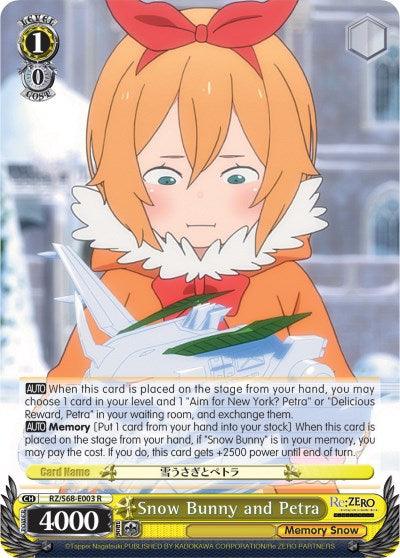 Anime-style trading card featuring a girl with an orange bow and scarf reading a book. Titled "Snow Bunny and Petra (RZ/S68-E003 R) [Re:ZERO Memory Snow]," this Bushiroad rare character card has 0 cost and 4000 power. Card abilities and description text are present in both Japanese and English.