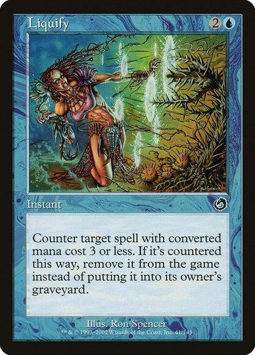 The Magic: The Gathering card titled "Liquify [Torment]" costs 2 and a blue mana. This blue-bordered instant features artwork by Ron Spencer depicting a mermaid casting a magical spell with bright energy trails. The card text reads: “Counter target spell with mana value 3 or less. If it’s countered this way, exile it instead of putting it into its owner’s graveyard.”