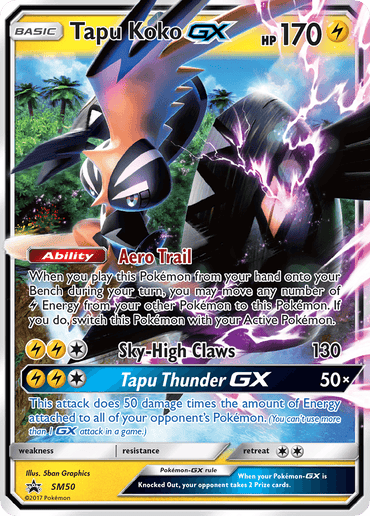 A Pokémon trading card titled "Tapu Koko GX (SM50) [Sun & Moon: Black Star Promos]" from the renowned Pokémon brand. Tapu Koko is depicted with a fierce expression and surrounded by lightning energy. The card features 170 HP and is of the Lightning type, showcasing abilities "Aero Trail," "Sky-High Claws," and the GX move "Tapu Thunder GX." Weakness: Fighting.