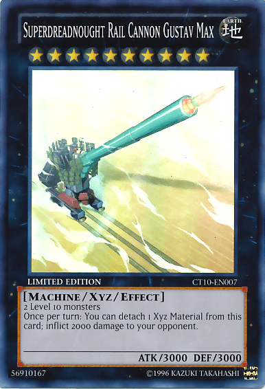 A Yu-Gi-Oh! trading card titled "Superdreadnought Rail Cannon Gustav Max [CT10-EN007] Super Rare" from the 2013 Collectors Tins. This Super Rare Xyz/Effect Monster boasts ATK 3000 and DEF 3000. The illustration features a colossal rail cannon on tracks amidst a dramatic explosion, requiring 2 Level 10 monsters to summon.