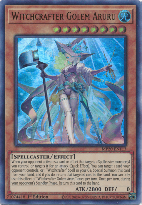 A Yu-Gi-Oh! trading card titled "Witchcrafter Golem Aruru [MP20-EN113] Ultra Rare." This Ultra Rare Effect Monster features an illustration of a witch with a large green hat and flowing dress, wielding a glowing staff. She stands against a mystical, swirling background. The card has a Spellcaster/Effect type with ATK 2800 and DEF 0.