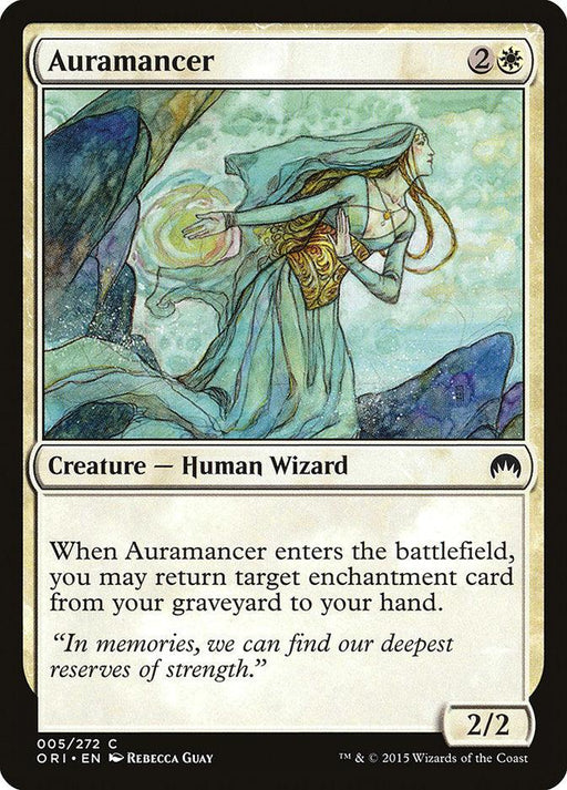 Magic: The Gathering card named "Auramancer [Magic Origins]." This Human Wizard is depicted as a robed female with light hair surrounded by magical energy. Card text: "When Auramancer [Magic Origins] enters the battlefield, you may return target enchantment card from your graveyard to your hand." Power and toughness: 2/2.