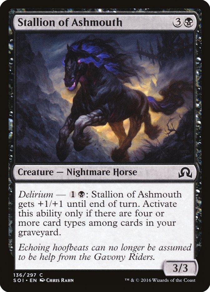 A trading card titled "Stallion of Ashmouth [Shadows over Innistrad]" from Magic: The Gathering. The illustration features a dark, ghostly Nightmare Horse with glowing eyes galloping through a shadowy, eerie landscape. The text describes its abilities, mentioning "Delirium" and a +1/+1 effect. The card has power and toughness of 3/3.