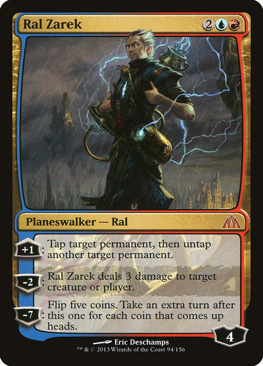 Image of the Magic: The Gathering card "Ral Zarek [Dragon's Maze]," a Legendary Planeswalker from the Magic: The Gathering set. It features an illustration of a character surrounded by lightning, wearing dark clothing with blue and gold accents. The text box includes abilities: +1: Tap/untap permanents. -2: Deal 3 damage. -7: Flip five coins; extra turn for each