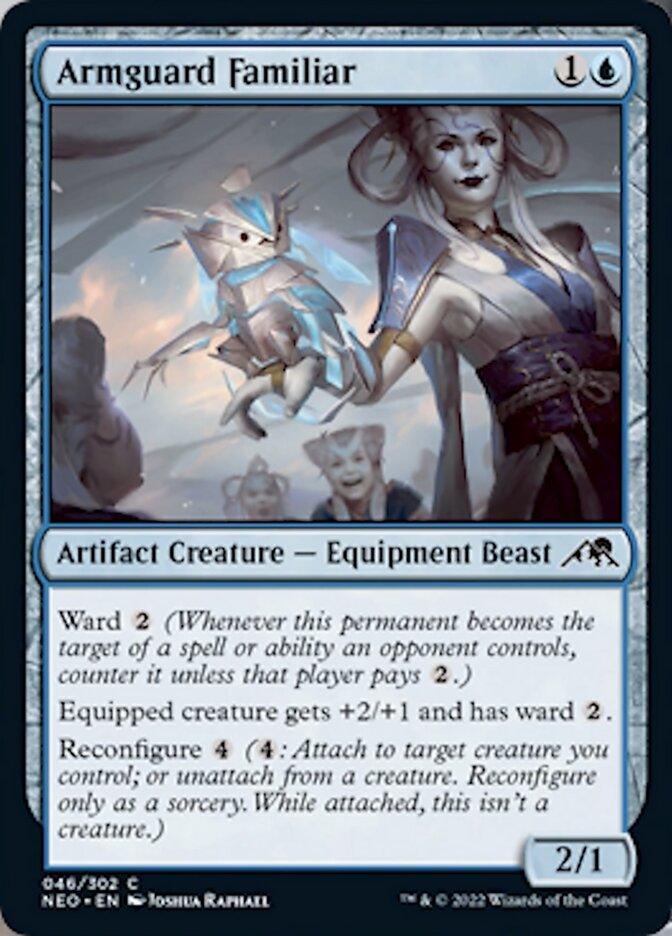 Magic: The Gathering's "Armguard Familiar" from Kamigawa: Neon Dynasty is a blue Artifact Creature Equipment Beast (1U), featuring a 2/1 stat line. It has Ward 2 and Reconfigure 4, with artwork by Joshua Raphael showcasing a helmeted figure riding the beast.