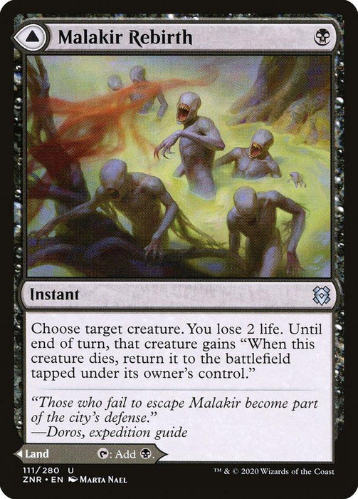 Magic: The Gathering card titled "Malakir Rebirth // Malakir Mire [Zendikar Rising]." It features an illustration by Marta Nael of zombies emerging from Malakir Mire. The black instant allows a chosen creature to return to the battlefield if it dies that turn, at the cost of 2 life for the player. It's number 111/280 from Zendikar Rising.