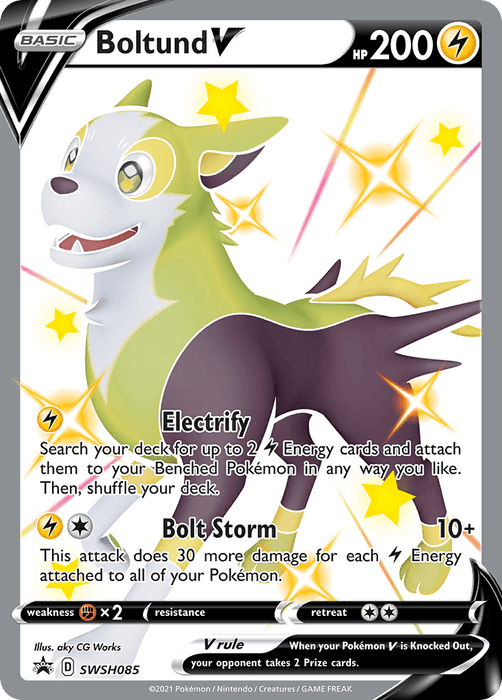 A Boltund V (SWSH085) [Sword & Shield: Black Star Promos] Pokémon trading card from the Sword & Shield series. This Black Star Promos card showcases an image of Boltund, a dog-like Electric-type Pokémon with a yellow and green body. With 200 HP, its moves include "Electrify" and "Bolt Storm," surrounded by stars and energy symbols for extra lightning flair.