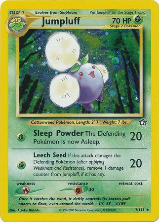Pokémon trading card depicting Jumpluff (7/111) [Neo Genesis Unlimited]. The card background is green, showcasing a Holo Rare illustration of a blue, round, cotton-like creature with three white puffs around it. This Grass type Pokémon has 70 HP and can use the moves Sleep Powder and Leech Seed. The bottom contains card details and illustrator info.