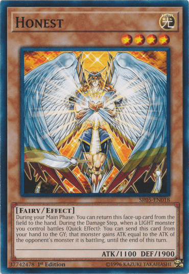 The image shows the Yu-Gi-Oh! card "Honest [SR05-EN018] Common," featuring a winged character with a halo, wearing white and gold armor, and holding an orb. This LIGHT monster's attributes are Light, Fairy/Effect, ATK 1100, DEF 1900. As an Effect Monster from Structure Deck: Wave of Light, it allows return to hand and ATK increase during