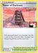 The image is of an Pokémon trading card named "Tower of Darkness (137/163) [Prize Pack Series One]." The Stadium card features a large, multi-tiered pagoda-like tower with red accents on a rocky terrain. Trees and mountains decorate the background. The bottom half details its effects and restrictions in black text on a white backdrop.