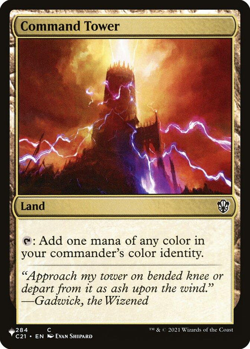 A Command Tower [Secret Lair: Heads I Win, Tails You Lose] Magic: The Gathering card, essential for any commander deck. This land-type card features a dark tower emitting purple and red lightning. Text reads: "{T}: Add one mana of any color in your commander's color identity." Flavor text: "Approach my tower on bended knee or depart from it as ash upon the wind.