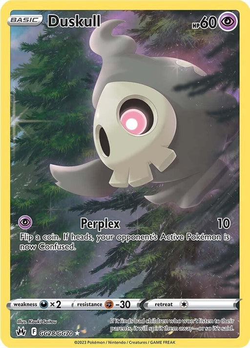 A Pokémon trading card from the Sword & Shield: Crown Zenith series featuring Duskull (GG28/GG70). This Basic card boasts 60 HP. Its attack, Perplex, causes confusion to the opponent's active Pokémon if a coin toss results in heads. The eerie design shows a ghostly Duskull floating in a misty, dark forest with glowing eyes.