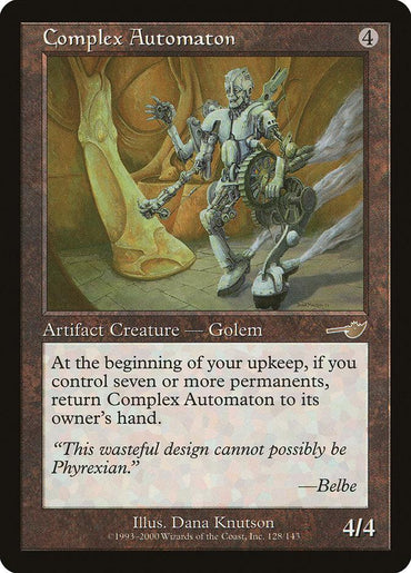 The "Complex Automaton [Nemesis]" card from Magic: The Gathering depicts a detailed golem entwined with gears in a rocky landscape. It requires a mana cost of 4 and has 4/4 power and toughness. The card text contains an upkeep condition along with a quote from Belbe, the Nemesis herself.