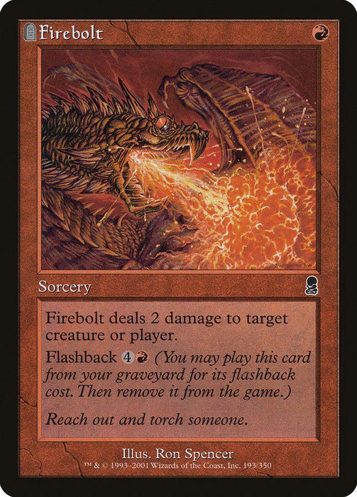 A Magic: The Gathering card titled "Firebolt [Odyssey]" showcases a dragon breathing fire. The text reads: "Firebolt deals 2 damage to target creature or player. Flashback 4R (You may play this sorcery from your graveyard for its flashback cost, then remove it from the game.).