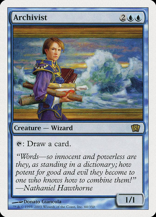The Magic: The Gathering product titled "Archivist [Eighth Edition]" depicts a young Human Wizard in blue and gold robes holding scrolls and books with a stormy ocean background. The card costs two generic and two blue mana, and has the ability "Tap: draw a card." It's a 1/1 creature with a quote from Nathaniel Hawthorne.