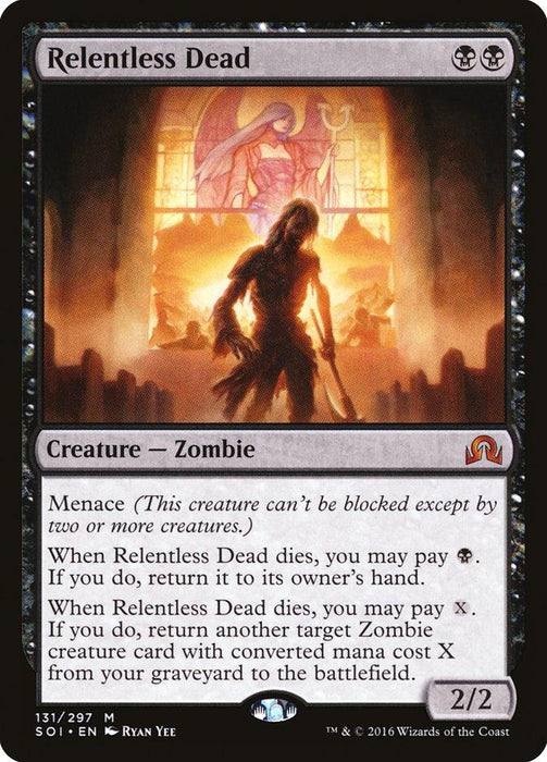 A "Magic: The Gathering" card titled "Relentless Dead [Shadows over Innistrad]," featuring a dark, shadowy zombie creature in the center. Behind the zombie is a pink and red stained glass window, set in the eerie world of Shadows over Innistrad. The card has mechanics text describing its abilities and stats of 2/2.