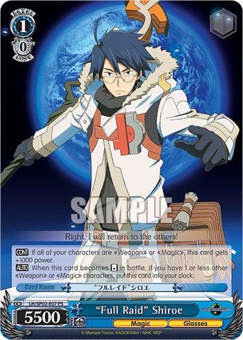 A promo card featuring "Full Raid" Shiroe [Log Horizon Power Up Set] by Bushiroad. This magic character has blue hair, glasses, a white winter coat, and wields a staff. The card showcases special abilities and stats: level 1, cost 0, and power of 5500. The background is blue with text and logos.