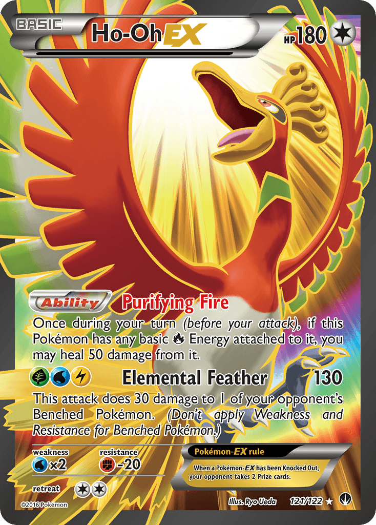 A Pokémon card featuring Ho-Oh EX (121/122) [XY: BREAKpoint] with 180 HP from the XY: BREAKpoint series. The Ultra Rare card shows Ho-Oh, a fiery bird with rainbow wings, in flight. Its moves are 