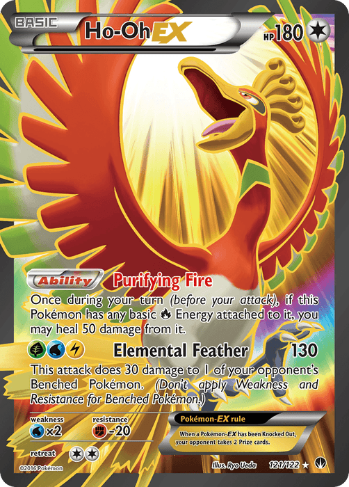 A Pokémon card featuring Ho-Oh EX (121/122) [XY: BREAKpoint] with 180 HP from the XY: BREAKpoint series. The Ultra Rare card shows Ho-Oh, a fiery bird with rainbow wings, in flight. Its moves are "Purifying Fire" ability and "Elemental Feather" attack, doing 130 damage. Bottom text includes resistance, weakness, and retreat cost. Artwork by 5ban Graphics from the brand Pokémon.