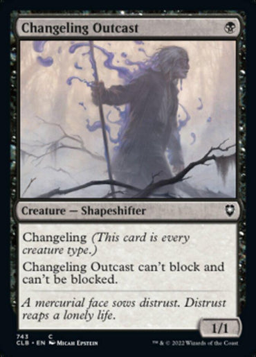 A product from Magic: The Gathering named "Changeling Outcast [Commander Legends: Battle for Baldur's Gate]." It displays a ghostly figure walking through an eerie forest with mist and barren trees. The black card shows a Shapeshifter creature with 1 power and 1 toughness.