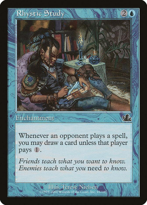 A Magic: The Gathering card titled "Rhystic Study [Prophecy]." Its blue marble border complements the illustration of a person reclining on a cushioned seat, reading a scroll. The card text reads: "Whenever an opponent plays a spell, you may draw a card unless that player pays {1}." Flavor text: Friends teach what you want to know. Enemies teach what you need to know.