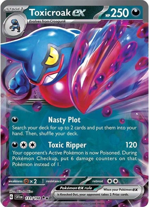 A Pokémon Toxicroak ex (131/198) [Scarlet & Violet: Base Set] trading card featuring Toxicroak ex from the Scarlet & Violet series. Toxicroak is a blue, frog-like creature with sharp claws and a menacing expression. This Darkness-type, Double Rare card includes stats: 250 HP, Stage 1, evolves from Croagunk. It has attacks: "Nasty Plot" and "Toxic Ripper," with symbols den