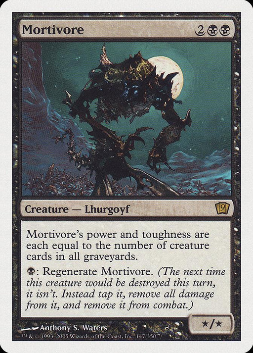 A Magic: The Gathering card titled Mortivore [Ninth Edition] from Magic: The Gathering. It costs two mana and two black mana and depicts a dark, skeletal Lhurgoyf. Its power and toughness are equal to the number of creature cards in all graveyards. Ability: can regenerate for one black mana. Illustrated by Anthony S. Waters.