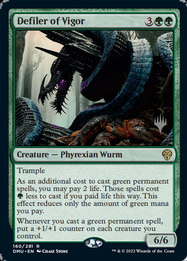 Illustration of a multi-headed serpentine creature named "Defiler of Vigor," from the *Dominaria United Promos* by Magic: The Gathering. This card features a striking green-themed border and depicts a formidable 6/6 Phyrexian Wurm with an ability linked to casting green permanent spells, enhancing it with +1/+1 counters.