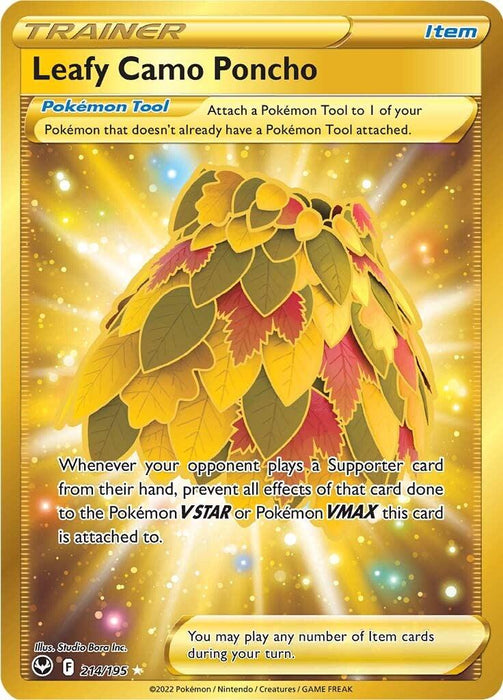 A "Leafy Camo Poncho (214/195) [Sword & Shield: Silver Tempest]" Trainer Item card from Pokémon. The card, part of the Silver Tempest expansion for Sword & Shield, features art of a leafy cloak with autumn-colored leaves and a glowing, sparkling background. Attach this Pokémon Tool to negate effects of opponent's Supporter cards on Pokémon VSTAR or VMAX.