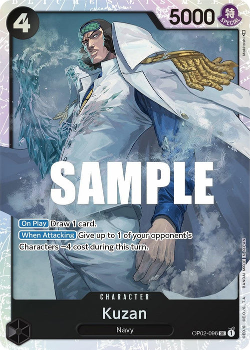 A "Kuzan [Paramount War]" Character Card from Bandai showcases Kuzan from the Paramount War arc. Kuzan wears a navy uniform with a white coat draped over his shoulders and has an icy aura around him. This Super Rare card details his abilities and stats, with "SAMPLE" overlaid in large letters in the center.