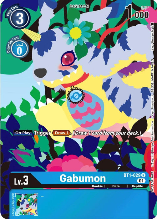 A rare digital monster-themed card featuring Gabumon [BT1-029] (Tamer's Card Set 2 Floral Fun) [Release Special Booster Promos], a rookie-level Digimon with yellow fur and blue-striped patterns from the Digimon brand. The card has stats indicating a play cost of 3, a digivolve cost of 2, and 1000 DP. The card text allows the player to draw one card upon Gabumon's play.