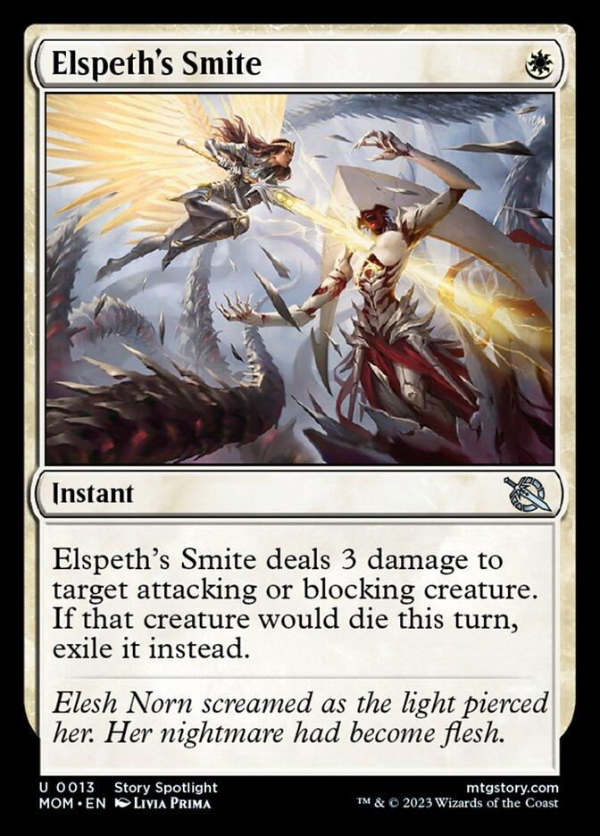 A fantasy card illustration, "Elspeth's Smite" from Magic: The Gathering's March of the Machine series, features two armored figures locked in a fierce battle. The radiant figure on the right releases an instantaneous burst of light, banishing the opponent with its overwhelming force. Detailed text describes its magical effects.