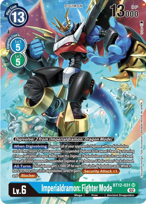 A Digimon Super Rare trading card for "Imperialdramon: Fighter Mode [BT12-031] (Alternate Art) [Across Time]" at Level 6. The card features a powerful, humanoid dragon-like Digimon with metallic armor and wings. It shows "13 Play Cost," "5 Digivolve Cost," "13000 DP," and belongs to the Ancient Dragonkin category. Below are card abilities, the level, and identifier "BT