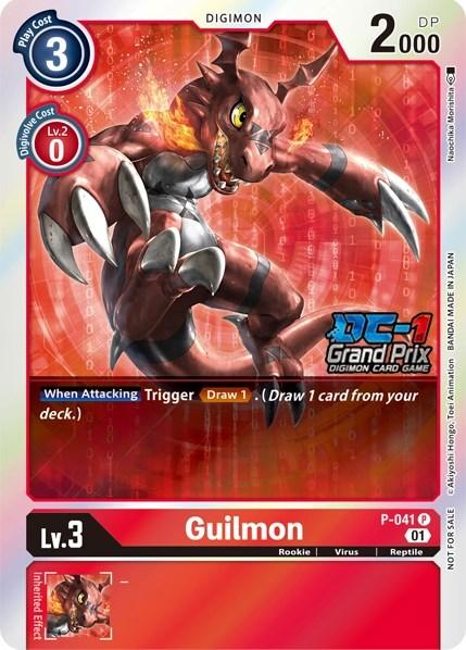 A Guilmon [P-041] (Grand Prix 2022) promotional card from the Digimon brand showcases Guilmon, a red dinosaur-like creature with yellow eyes and white claws. The card boasts a power of 2000 DP and includes specific details like its rarity (P-041), level (Lv. 3), and a special effect: 