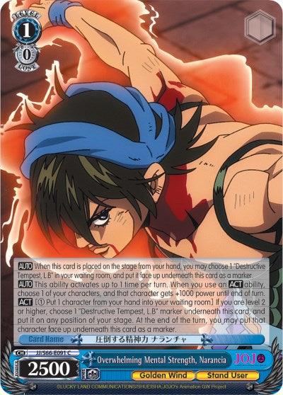 A trading card from Bushiroad features an anime-style character from JoJo's Bizarre Adventure with dark hair, wearing a blue headband and attire. The character strikes an intense pose with a determined expression. The card displays various text and stats, including "Overwhelming Mental Strength, Narancia (JJ/S66-E091 C) [JoJo's Bizarre Adventure: Golden Wind].
