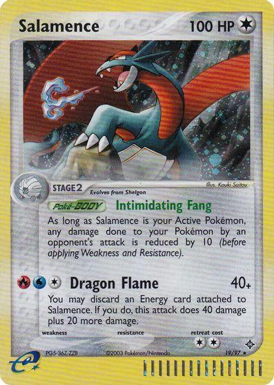A rare Salamence (19/97) (League Promo 2004) [League & Championship Cards] Pokémon card with 100 HP. It's a Dragon-type with a blue body and red wings. The card features two abilities: Intimidating Fang (PokeBody) and Dragon Flame (attack), which requires discarding an Energy card to deal extra damage. Weakness to Colorless type and a 2-star retreat cost.